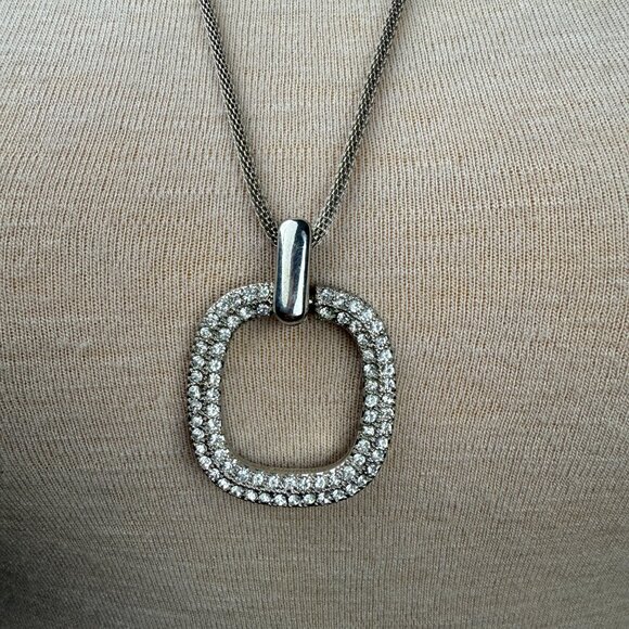 Silver Tone O Circle Rhinestone Modern Pendant Necklace 30.5 - 34.5" - Picture 2 of 7